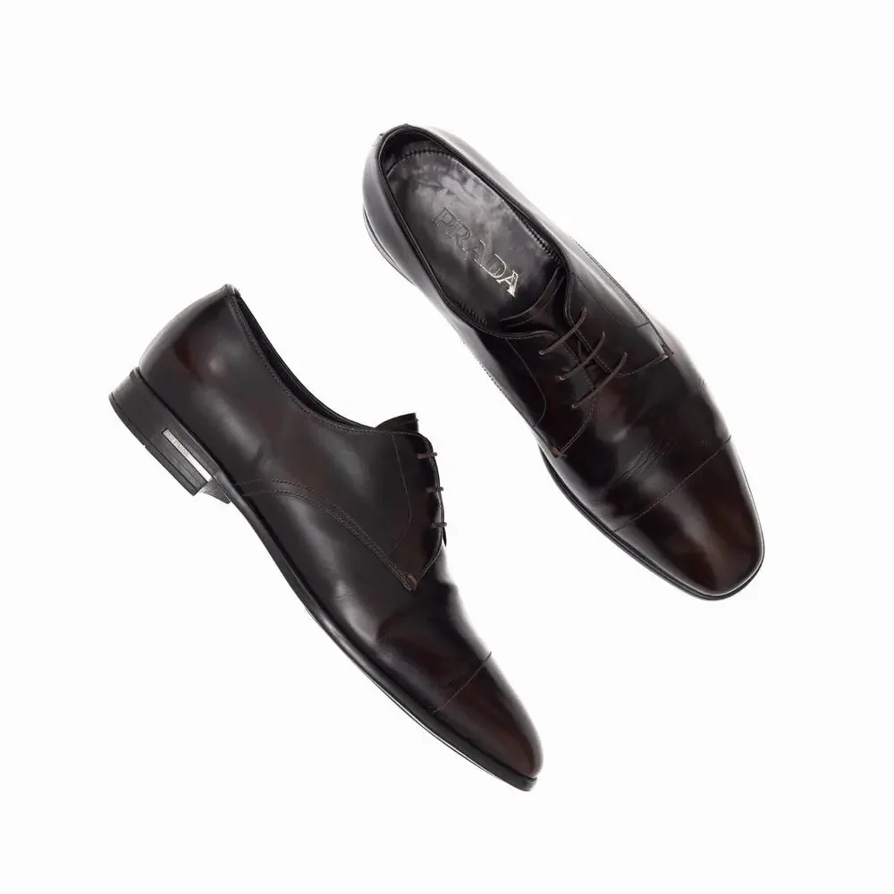 Prada Men's Brushed Leather Cap Toe Laced Up Oxford Dress Shoes Brown UK9 US10